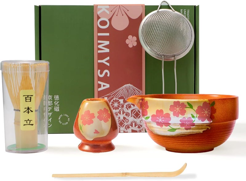 KOIMYSA Matcha Whisk Set With Cherry Blossom Design Bowl And Whisk, Japanese Traditional Matcha Starter Kit Gifts For Women Men Girl Friend,Terracotta And Beige - Image 1